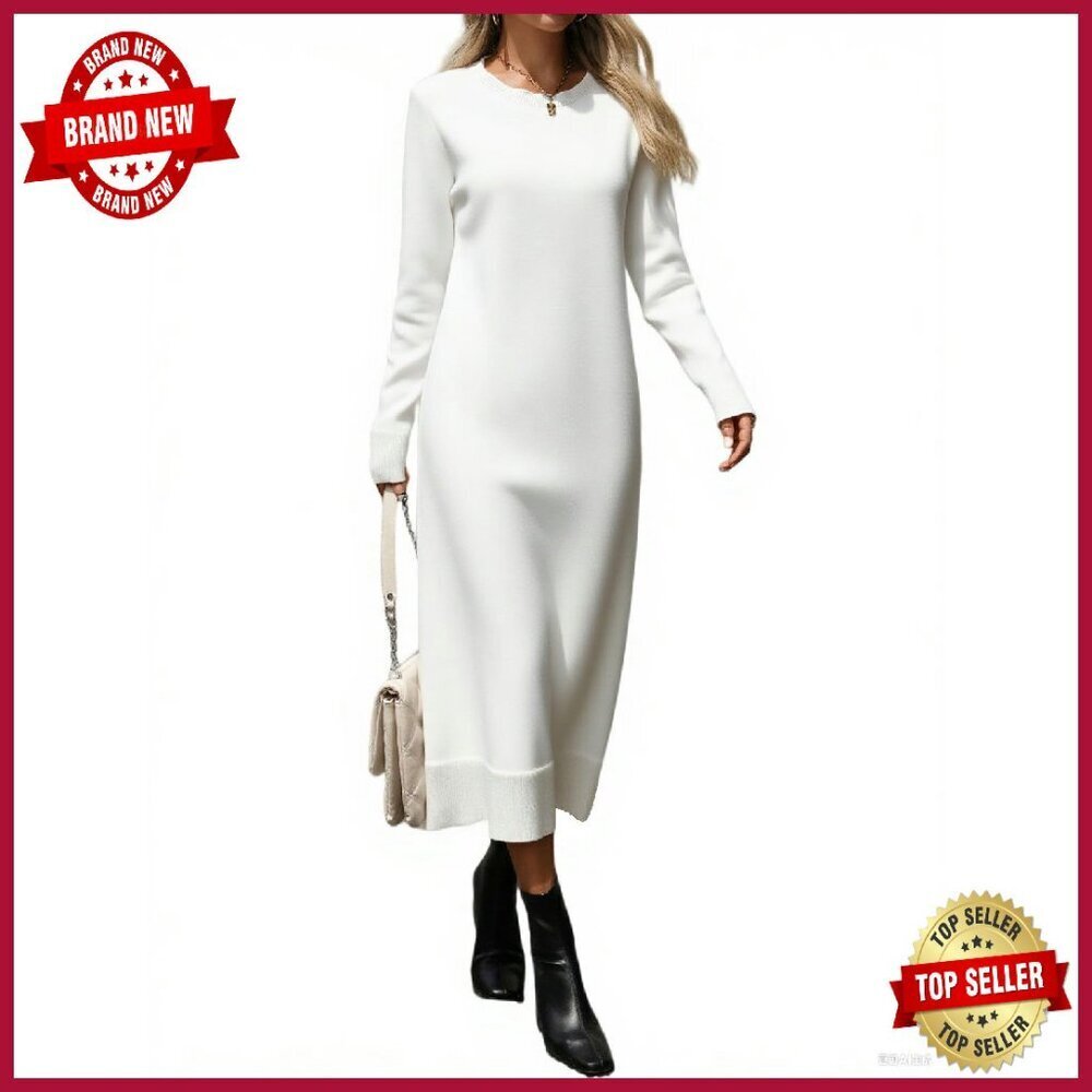 Long Sleeve Sweater Dress Loose Fit Knit Below Knee Casual Winter